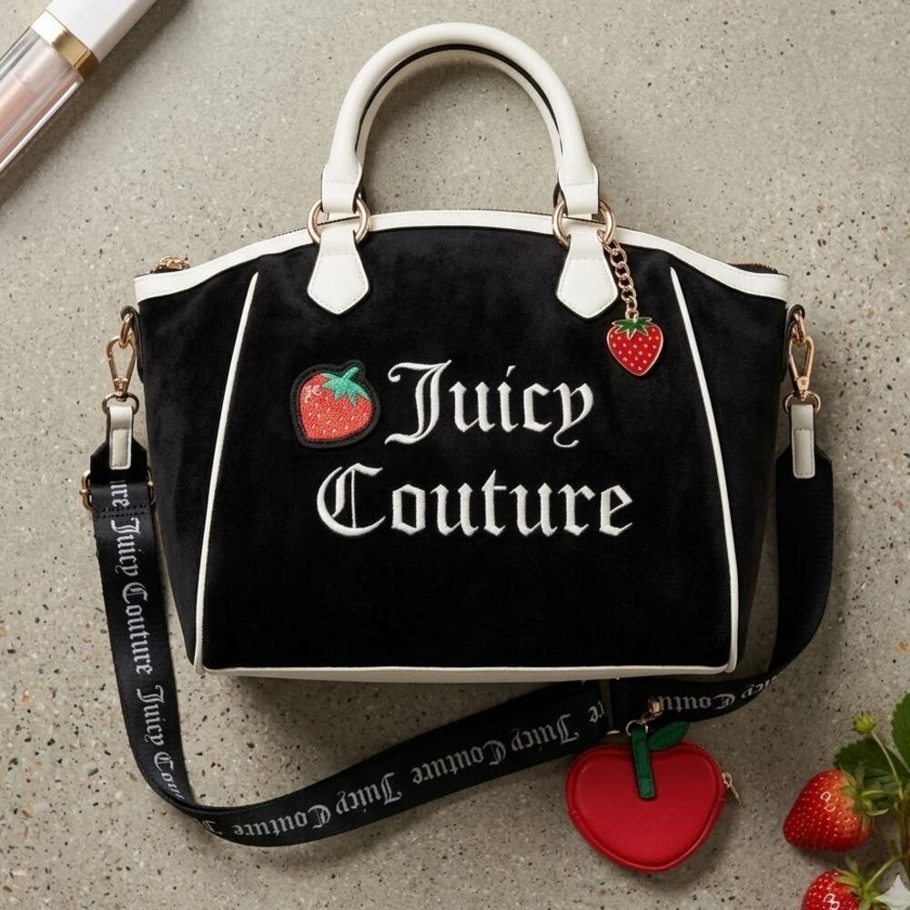 NWT Juicy Couture Sweet N Juicy Apple Tote Black Velour Y2K Strawberry Coin Bag